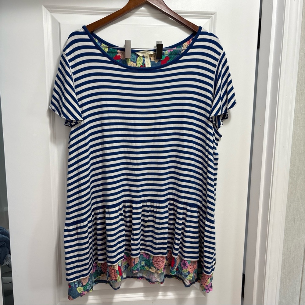 Matilda Jane Striped navigator ruffle floral Blue and White Women's Top